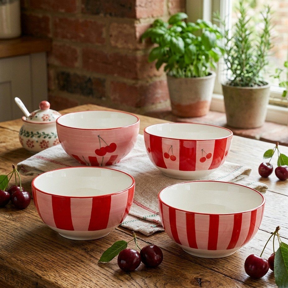Set van 4 rood gestreepte kommen met afbeeldingen van kersjes erop in een knusse eetsetting met kersen op de houten tafel