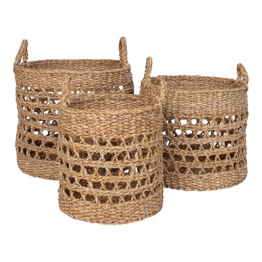 Set van drie ronde opbergmanden van zeegras met open patroon en handgrepen