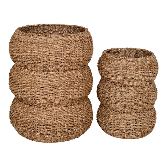 Set van twee ronde manden van zeegras met handgrepen in natuurlijke kleur 
