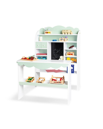 Houten speelgoedwinkel Wilma. Gemaakt van MDF, in pastelgroene tint. Perfect voor jouw kinderen om in te spelen!