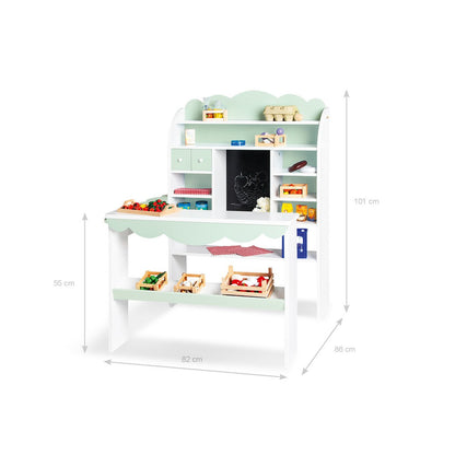 Houten speelgoedwinkel Wilma. Gemaakt van MDF, in pastelgroene tint. Perfect voor jouw kinderen om in te spelen! Met afmetingen.