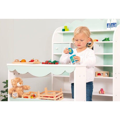 Houten speelgoedwinkel Wilma. Gemaakt van MDF, in pastelgroene tint. Perfect voor jouw kinderen om in te spelen, zoals te zien op de afbeelding.