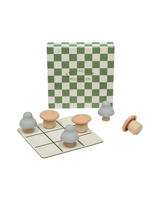 Houten Tic Tac Toe-spel met paddenstoeltjes als speelstukken. Een speelse en stijlvolle variant op het klassieke boter-kaas-en-eieren, verpakt in een decoratieve doos met groen-wit ruitpatroon. Perfect als cadeau of als decoratief item in de speelkamer of woonkamer.