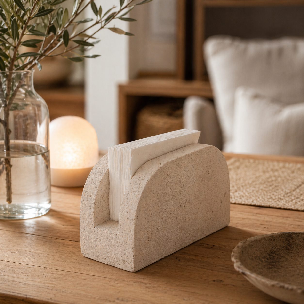 Tissuehouder van zandsteen met tissues, op een sfeervolle aangeklede tafel met bloemen en vazen