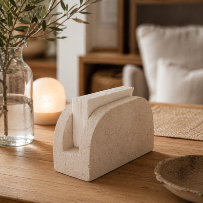Tissuehouder van zandsteen met tissues, op een sfeervolle aangeklede tafel met bloemen en vazen