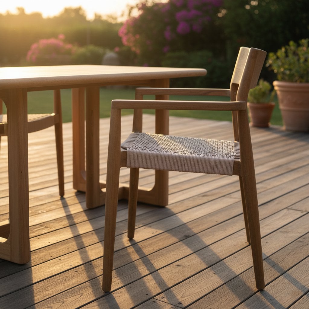 Tuinstoel teak donker met armleuning bij zonsondergang in de tuin naast een tafel