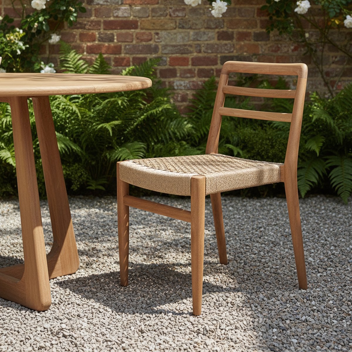 Tuinstoel teak in naturel Verano zonder armleuning in een tuin op grind met planten op de achtergrond
