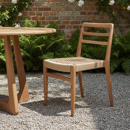 Tuinstoel teak in naturel Verano zonder armleuning in een tuin op grind met planten op de achtergrond