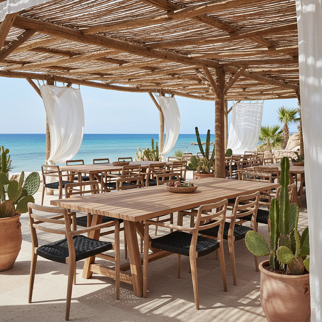 Tuinstoel teak zwart met armleuning Verano buiten op een overdekt terras met meerdere andere tafels en stoelen aan het strand