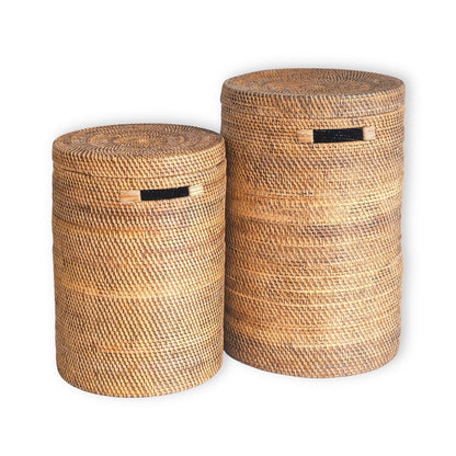Twee rotan wasmanden met deksel naturel Sari