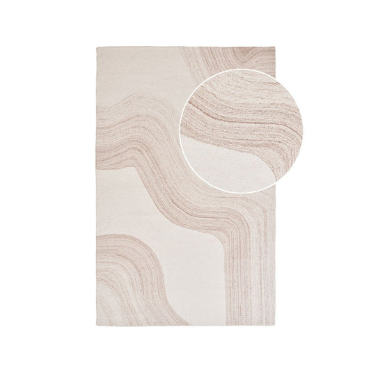 Vloerkleed beige van handgetuft wol 160x230 cm Brief op wit achtergrond met in een kleine cirkel een closeup van de textuur