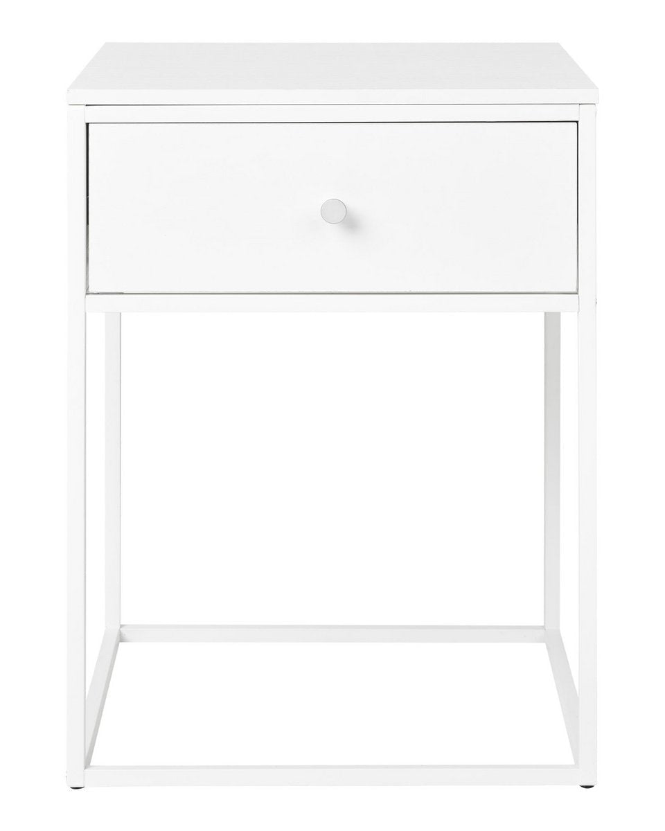 Wit nachtkastje Vita met lade en metalen frame op witte achtergrond
