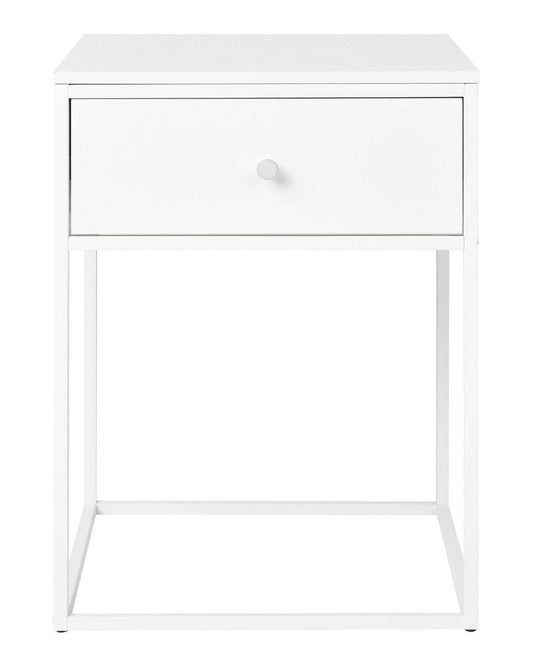 Wit nachtkastje Vita met lade en metalen frame op witte achtergrond