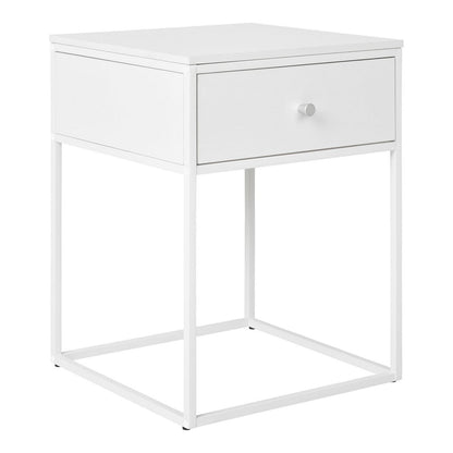 Minimalistisch zijaanzicht van het witte nachtkastje Vita met lade