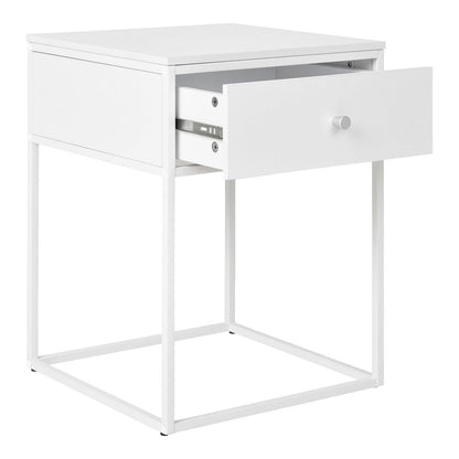 Minimalistisch zijaanzicht van het witte nachtkastje Vita met open lade