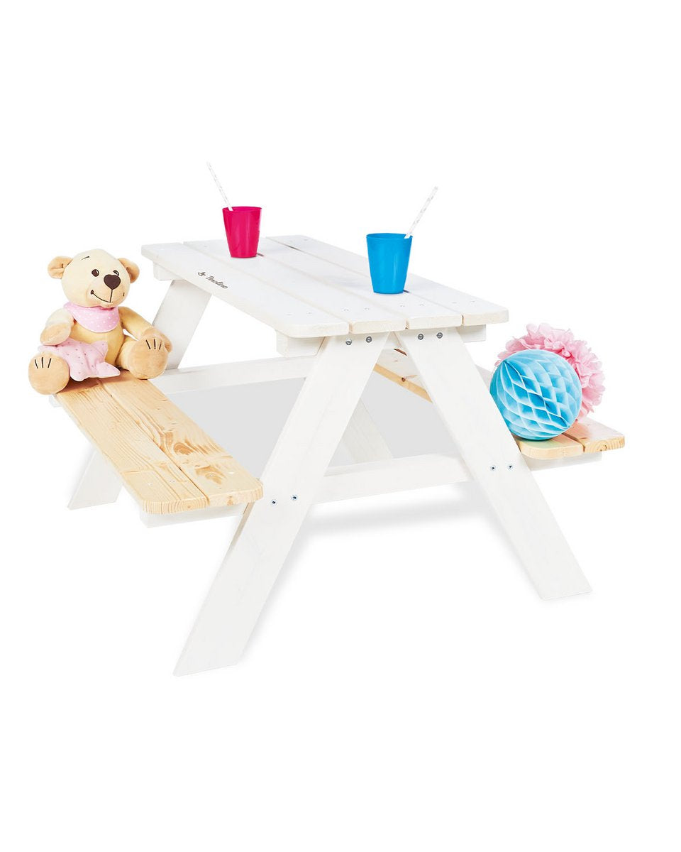 Witte houten picknickbank Nicki For 4 op wit achtergrond. Perfect voor feesten voor je kleintjes.