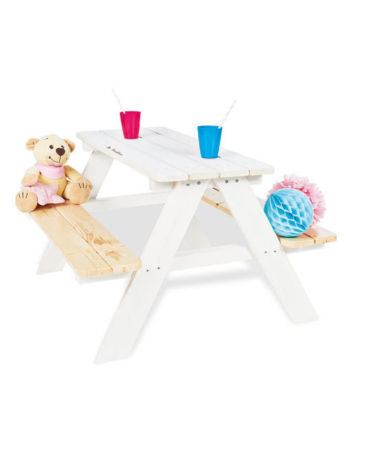 Witte houten picknickbank Nicki For 4 op wit achtergrond. Perfect voor feesten voor je kleintjes.