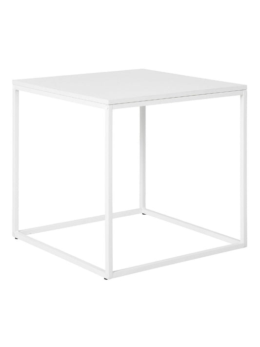 Witte bijzettafel Vita met minimalistisch metalen frame op witte achtergrond