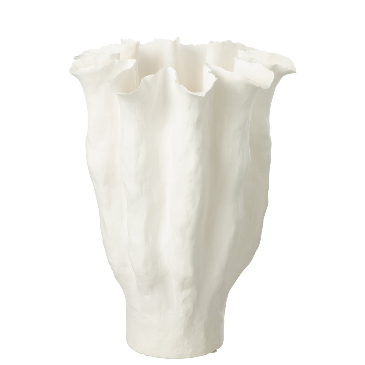 Witte keramische vaas met golvende organische rand, J-Line Calyx 42 cm, vooraanzicht