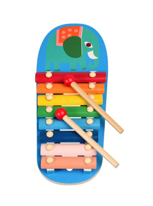 houten xylofoon met olifantendessin en regenboogkleurige toetsen op witte achtergrond