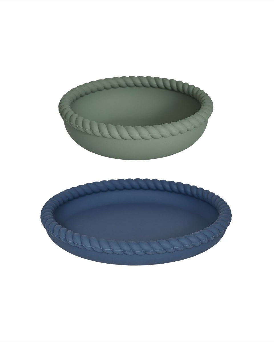 Groen en blauwe zacht bord en kom