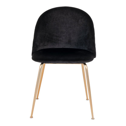 Zwarte fluwelen eetkamerstoel met goudkleurige metalen poten en een afgeronde rugleuning. Een stijlvolle en moderne stoel die luxe en comfort toevoegt aan elke eethoek of woonkamer.