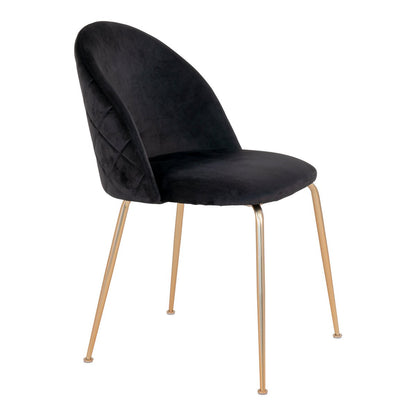 Zwarte fluwelen eetkamerstoel met goudkleurige metalen poten en een afgeronde rugleuning. Een stijlvolle en moderne stoel die luxe en comfort toevoegt aan elke eethoek of woonkamer.