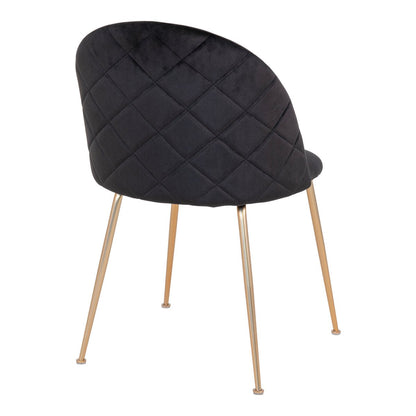Zwarte fluwelen eetkamerstoel met goudkleurige metalen poten en een afgeronde rugleuning. Een stijlvolle en moderne stoel die luxe en comfort toevoegt aan elke eethoek of woonkamer.