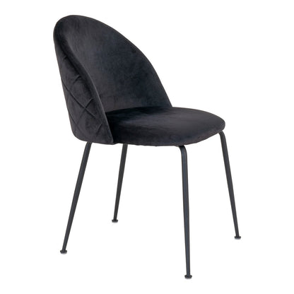 Zwarte fluwelen eetkamerstoel met zwarte metalen poten en een elegant doorgestikt ruitpatroon op de rugleuning. Een moderne en luxe stoel die comfort en stijl combineert voor een eigentijds interieur.