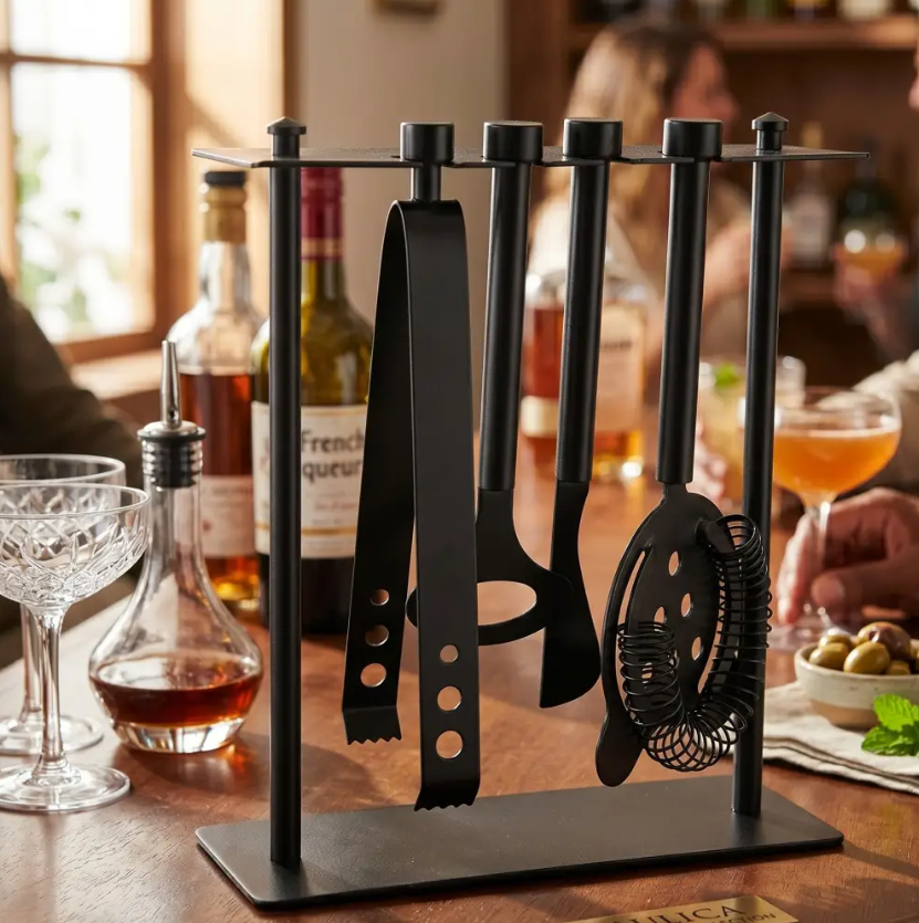 Zwarte keukengerei houder met kookgerei op een gezellige eettafel met drankjes en hapjes