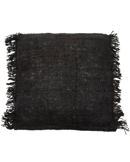 Zwarte katoenen kussenhoes van 60 x 60 cm met franjes, boho stijl.