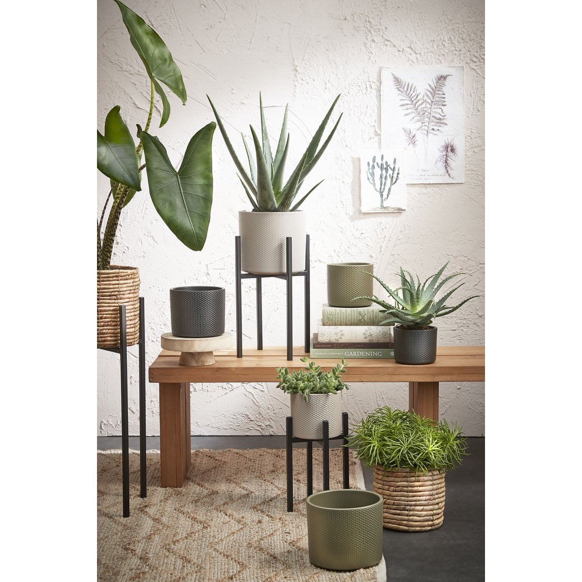 Zwarte metalen plantenstandaard 55 cm met een bloempot en plant erin, omringt in een luxe interieur met meerdere standaarden, potten en planten