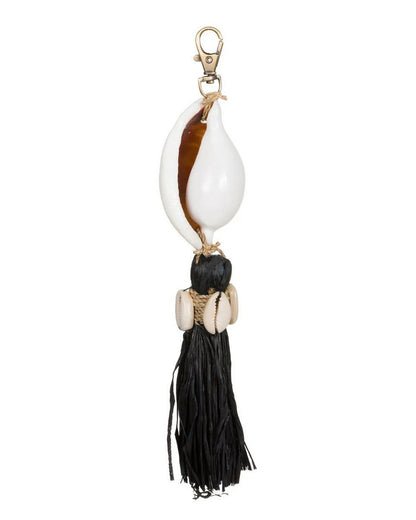 Sleutelhanger van schelp met zwarte raffia kwast, Kubu stijl
