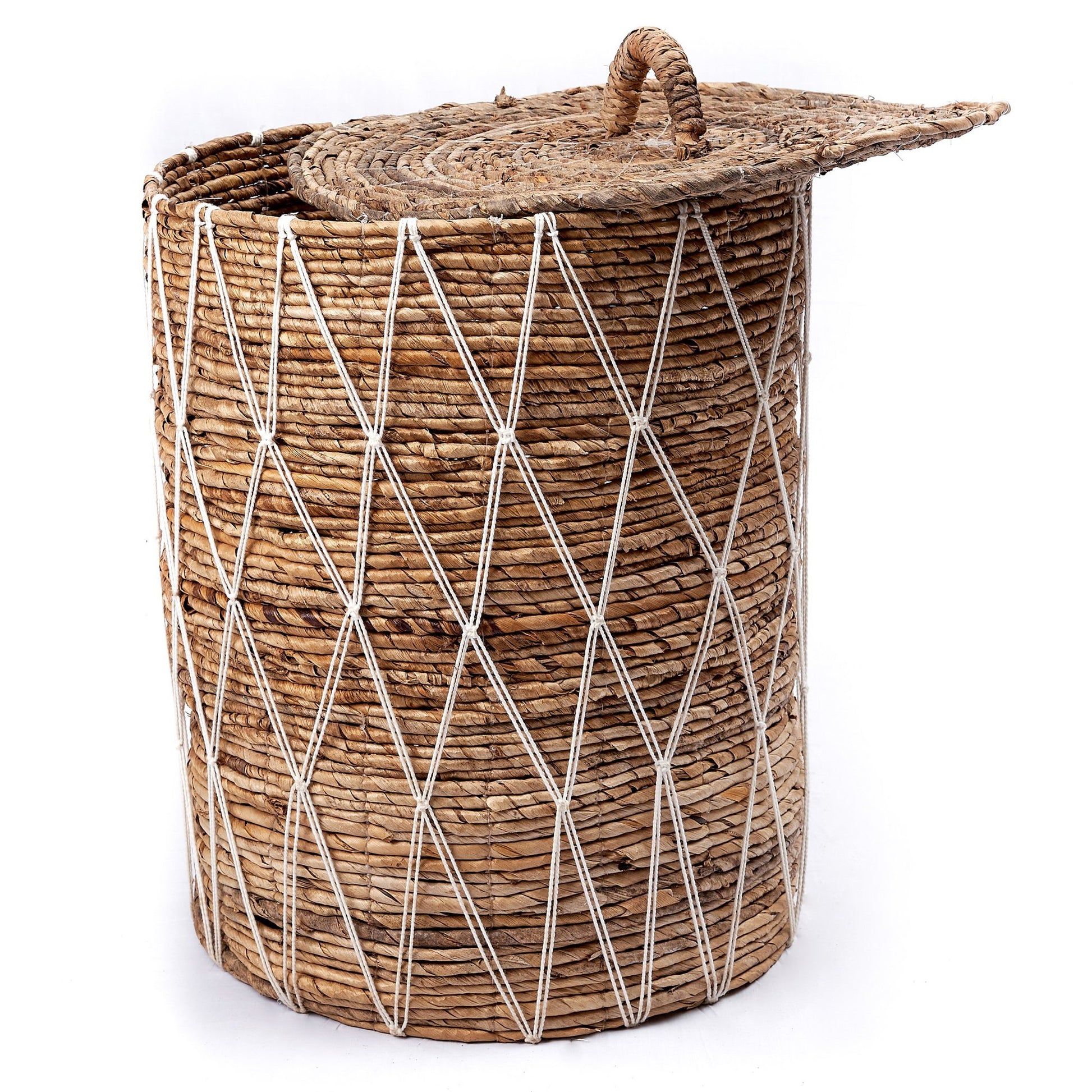 Bananenvezel wasmand met deksel bruin wit 43 cm Kisa