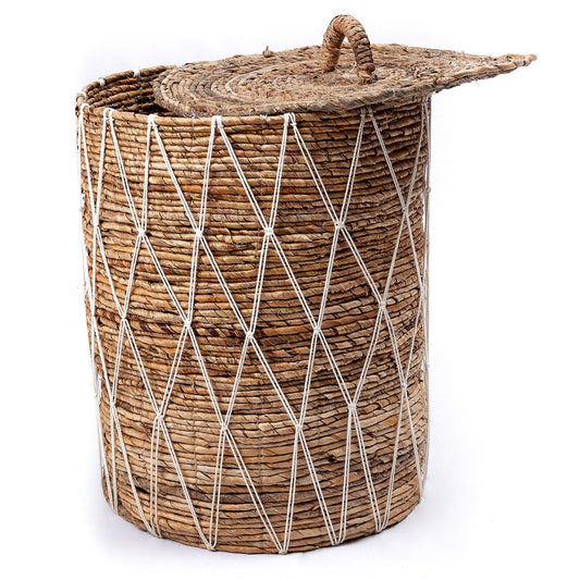 Bananenvezel wasmand met deksel bruin wit 43 cm Kisa