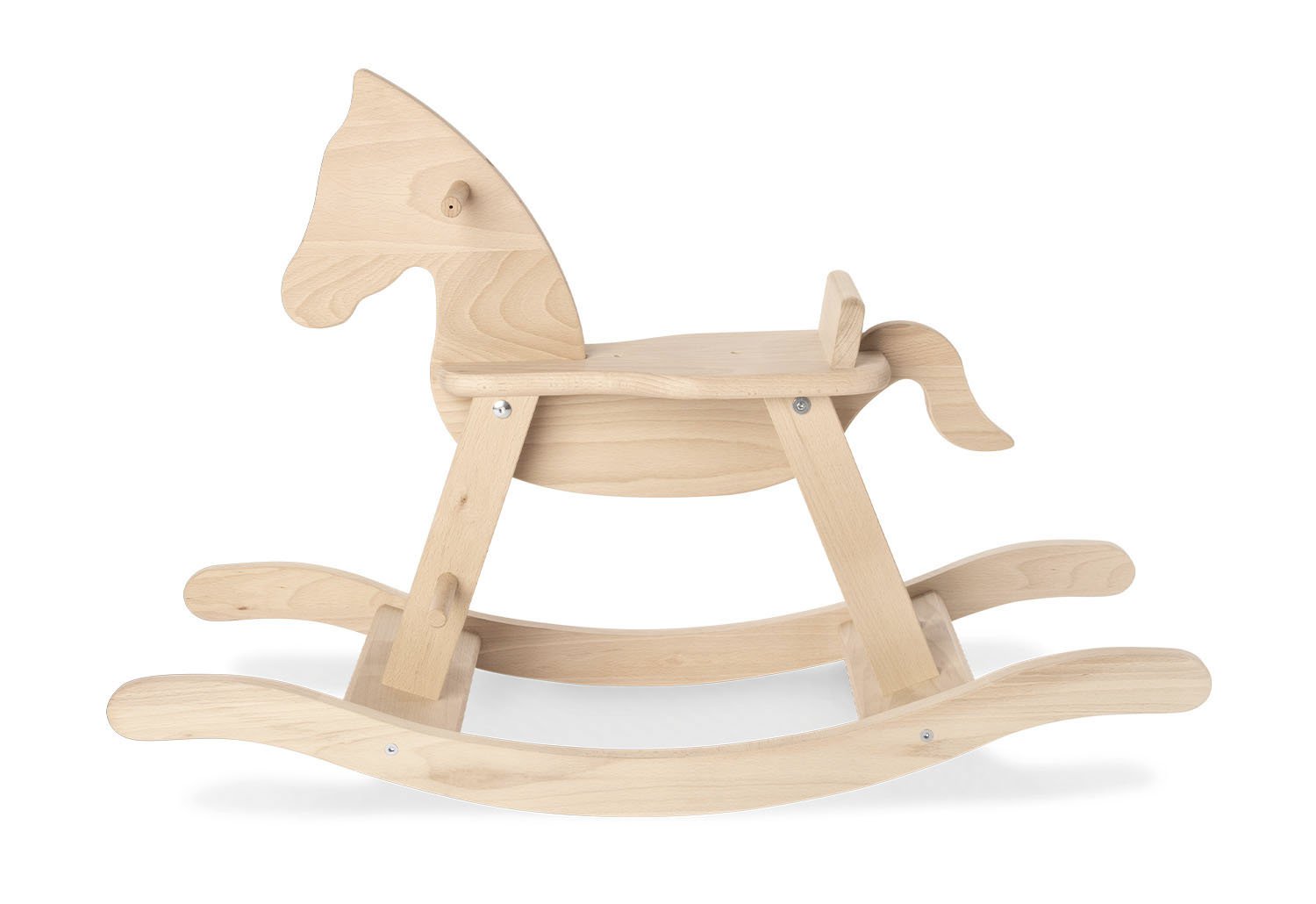 Beige houten hobbelpaard met veiligheidsbeugel, een klassiek en tijdloos speelgoedstuk dat zorgt voor uren speelplezier. Perfect als decoratief accent in de kinderkamer of als duurzaam cadeau voor jonge kinderen.