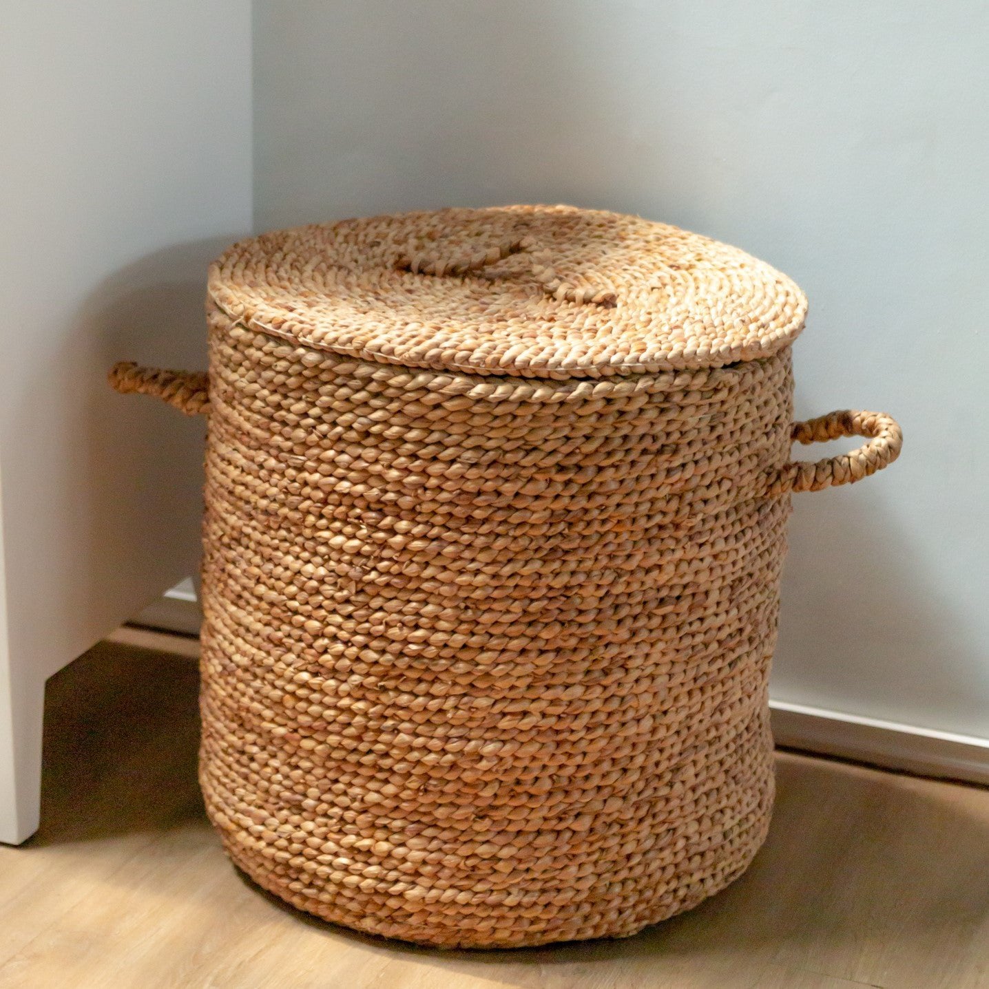 Boho waterhyacint wasmand Aman closeup in een woonkamer