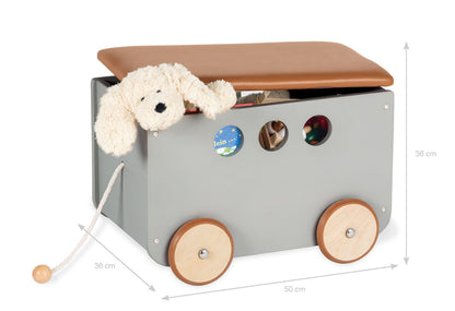 Speelgoedkist van hout met leren zitting en houten wielen – opbergbox voor speelgoed, 50x36 cm.